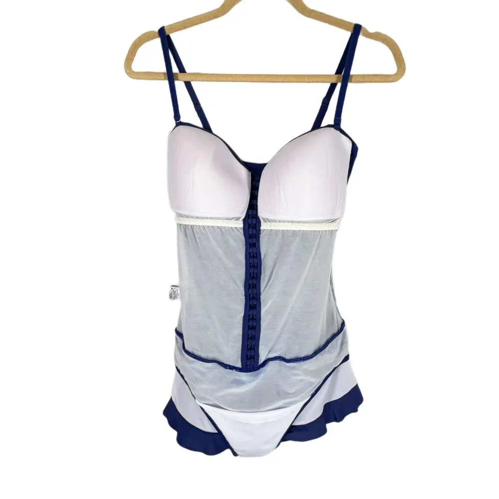 Profile by Gottex Swimsuit 12 One Piece w Skirt Blue Swim Dress Ruched Braided - Picture 7 of 10